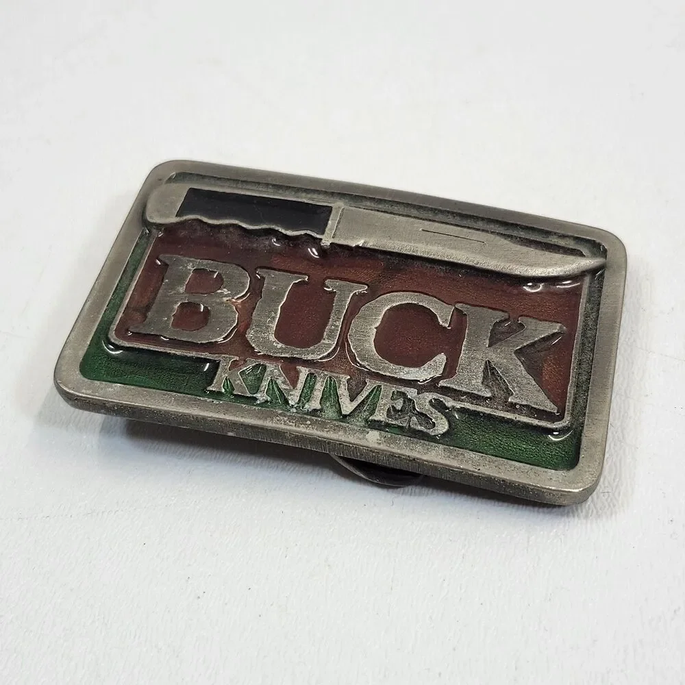 Buck Knives Belt Buckle Fixed Blade Knife Advertising Vintage Enamel Front 2320